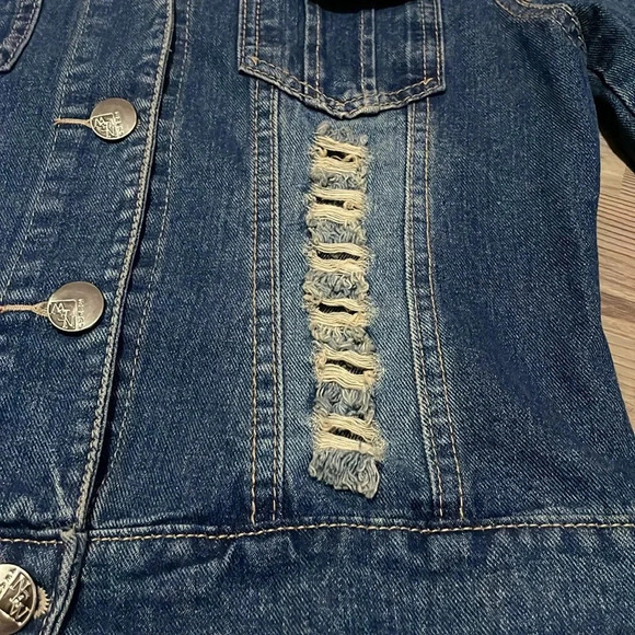 Lace trim Jean jacket Denim Lace collar Distressed Size M Retro Boho Bridal - Picture 5 of 12